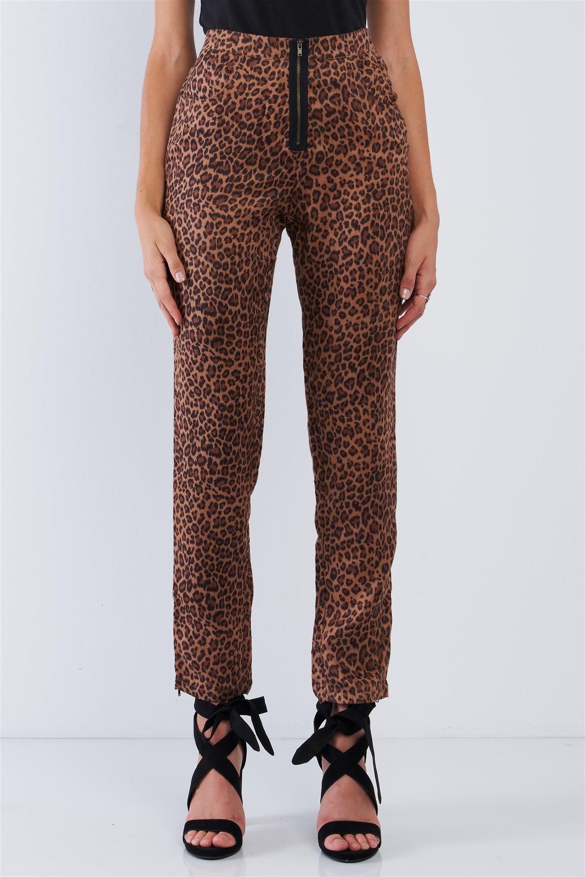 Leopard Print High Waisted Front Zipper Fly Accent Ankle Length Pants /2-2-2