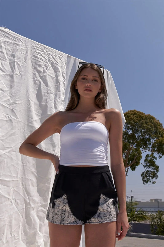 Black High Waist Asymmetrical Vegan Leather Snake Print Trim Mini Shorts /3-3 - Tasha Apparel Wholesale