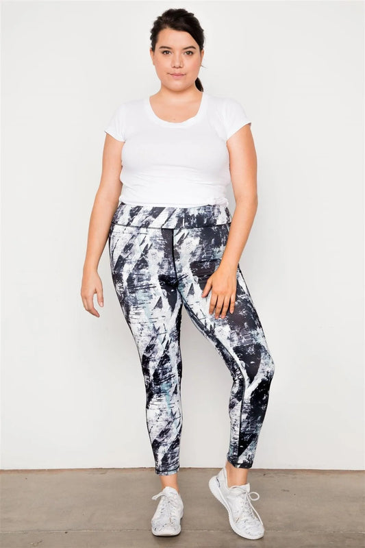 Plus Size Black White Abstract Active Athletic Leggings - Tasha Apparel Wholesale