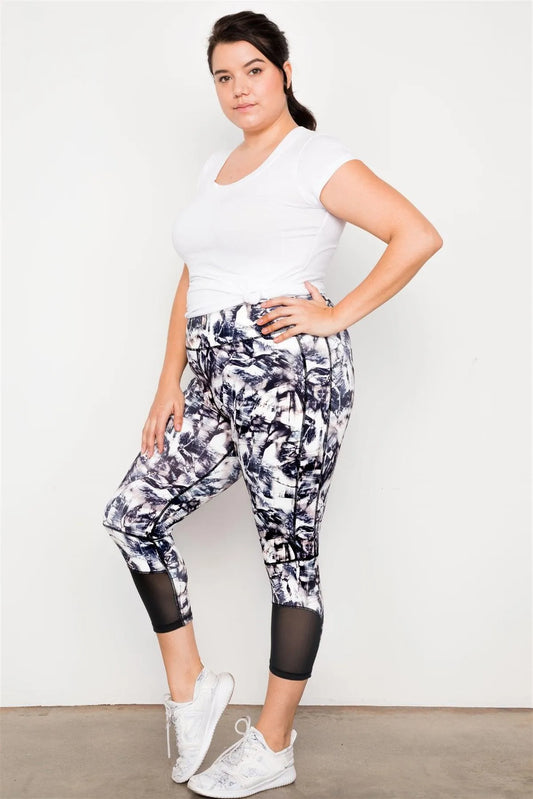 Plus Size Active Athletic Mid Rise Bottom Mesh Abstract Print Leggings - Tasha Apparel Wholesale