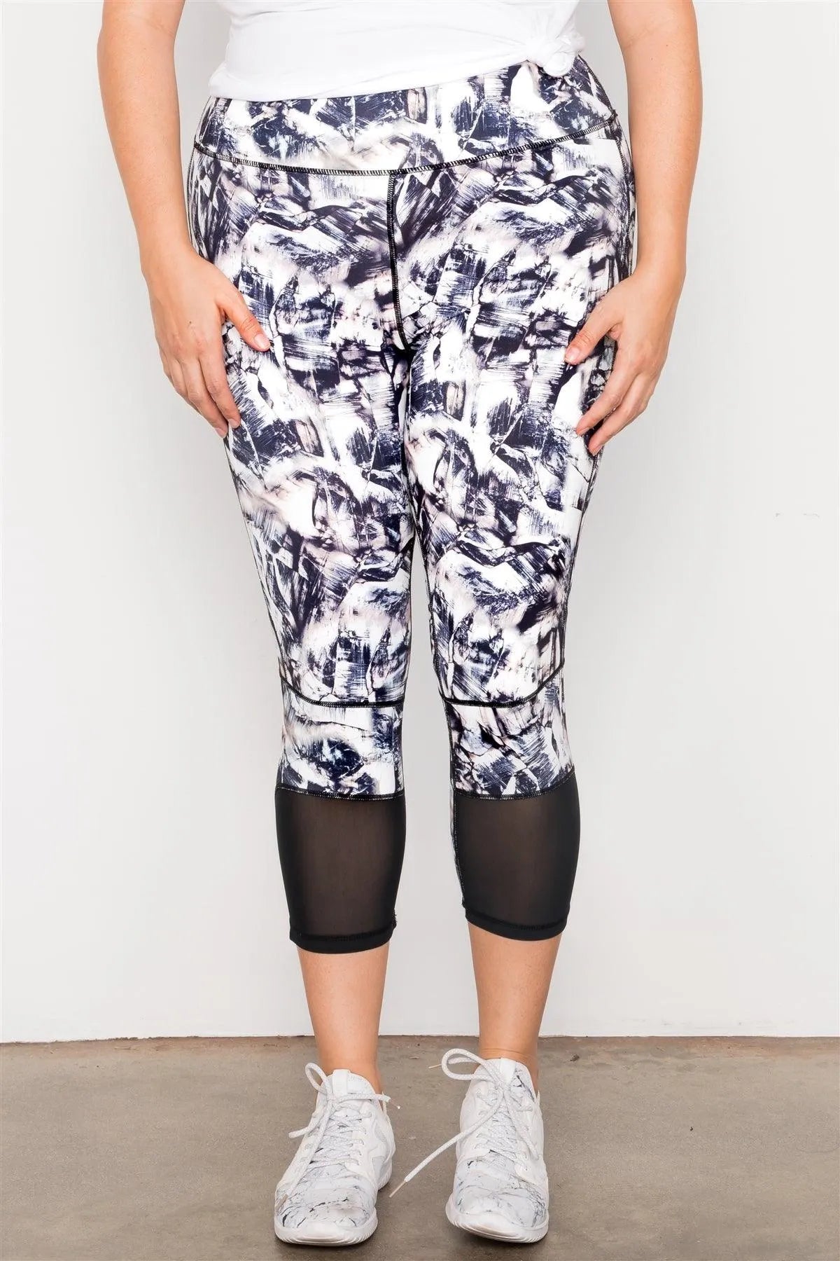 Plus Size Active Athletic Mid Rise Bottom Mesh Abstract Print Leggings - Tasha Apparel Wholesale