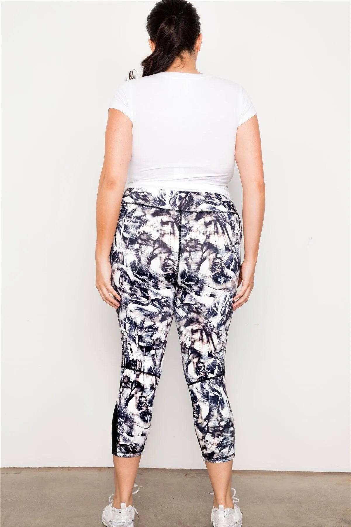 Plus Size Active Athletic Mid Rise Bottom Mesh Abstract Print Leggings - Tasha Apparel Wholesale