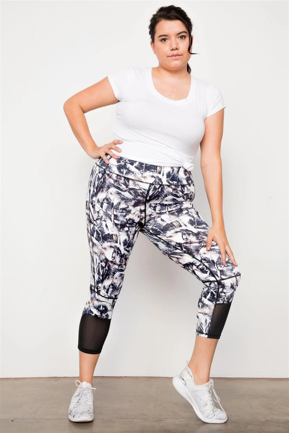 Plus Size Active Athletic Mid Rise Bottom Mesh Abstract Print Leggings - Tasha Apparel Wholesale