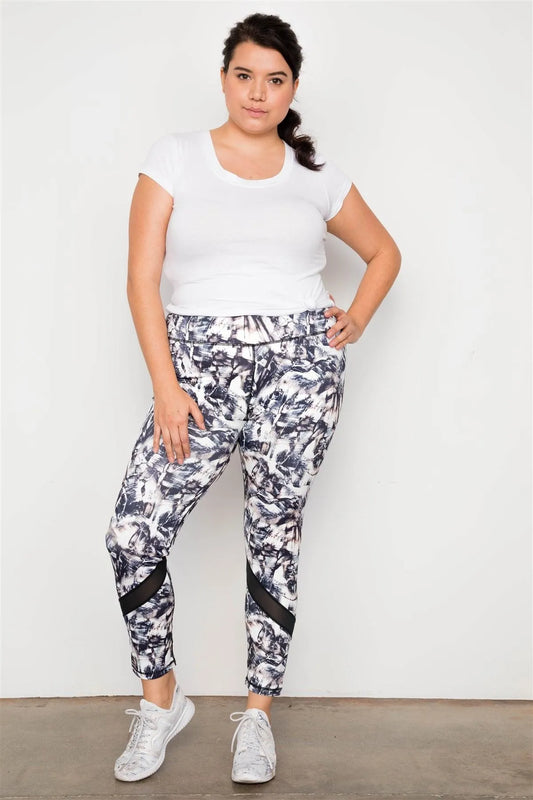 Plus Size Active Athletic Mid Rise Abstract Print Bottom Mesh Leggings - Tasha Apparel Wholesale