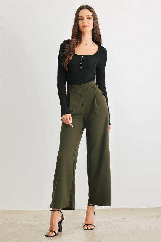 Olive Two Pocket High Waist Wide Leg Pants /2-2-2 - Tasha Apparel Wholesale
