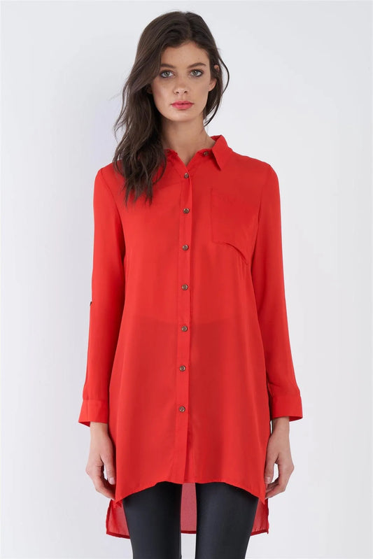 Red Sheer Lace Up Back Side Slit High-Low Chiffon Top /2-2-2 - Tasha Apparel Wholesale