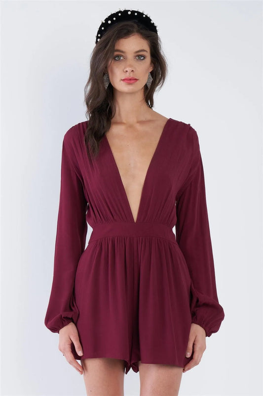 Plum Red V-Neck Vintage Long Puff Sleeve Short Chic Romper /3-2-1 - Tasha Apparel Wholesale
