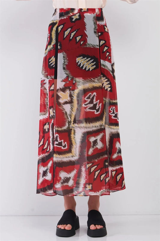 Red & Multi Vintage Graphic Print High-Waisted Two Front Slits Maxi Skirt /1-2-2-1 - Tasha Apparel Wholesale