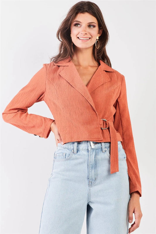 Rust Crepe Fabric Collared Neck Long Sleeve Open Front D-Ring Belt Detail Crop Jacket /2-2-2 - Tasha Apparel Wholesale