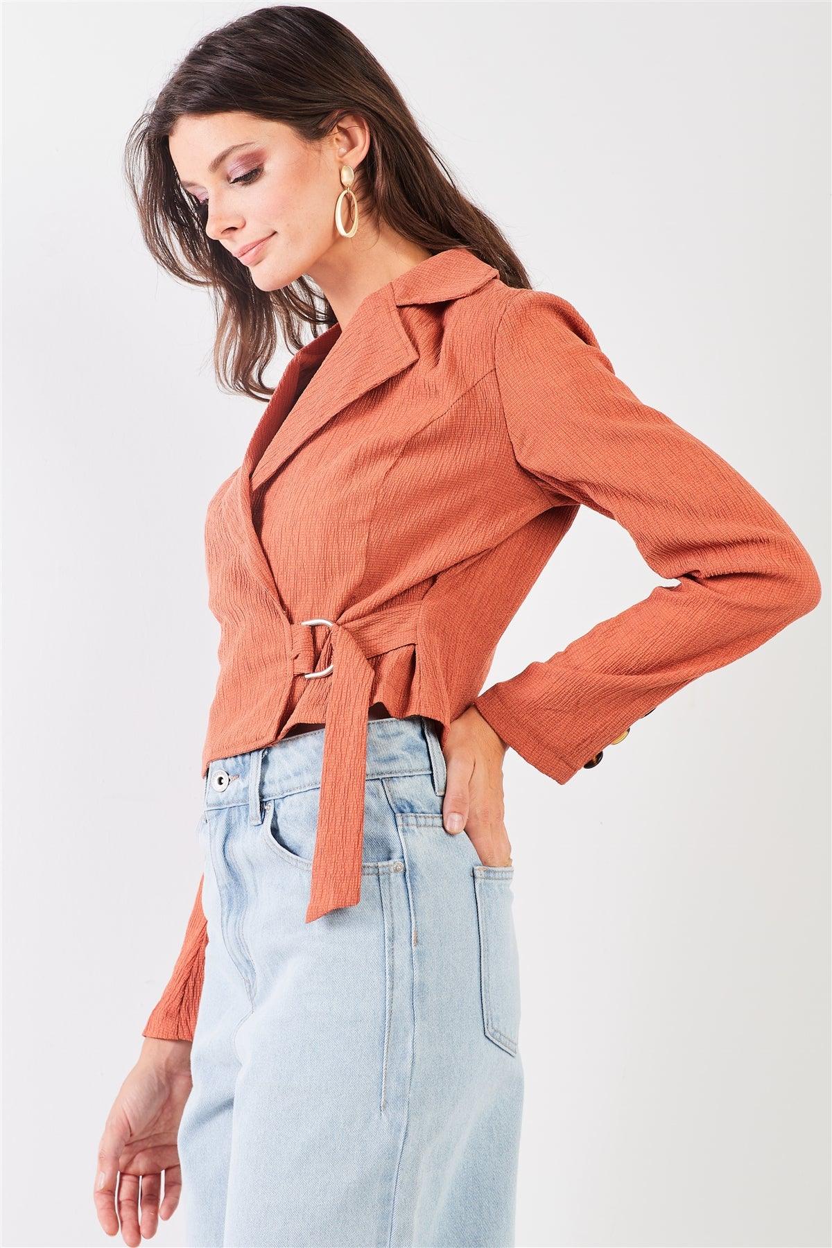 Rust Crepe Fabric Collared Neck Long Sleeve Open Front D-Ring Belt Detail Crop Jacket /2-2-2