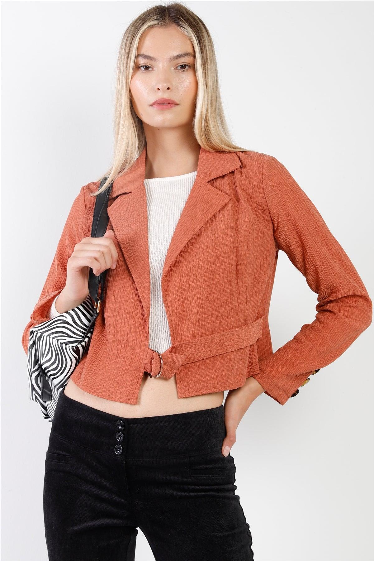 Rust Crepe Fabric Collared Neck Long Sleeve Open Front D-Ring Belt Detail Crop Jacket /2-2-2