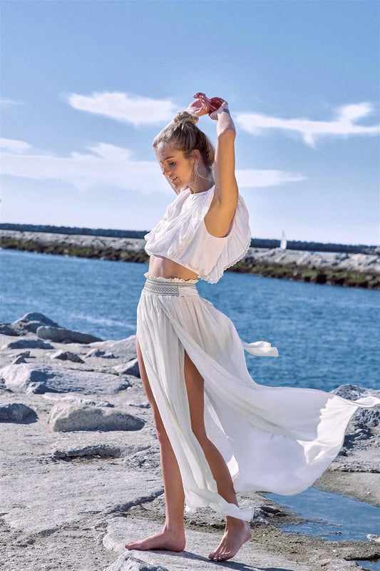 Taupe Sheer Center Side Slit Cut Out Boho Elastic Waist Maxi Skirt - Tasha Apparel Wholesale