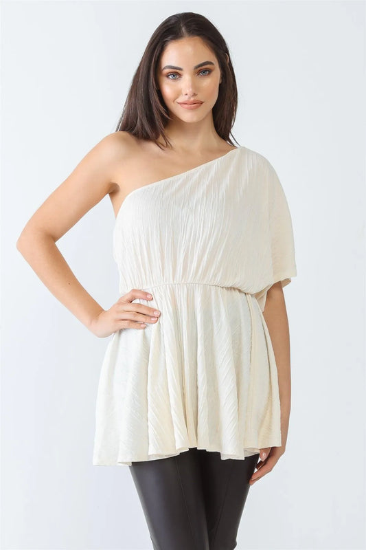 Cream Textured One Shoulder Dolman Sleeve Flare Hem Top /2-1-2 - Tasha Apparel Wholesale