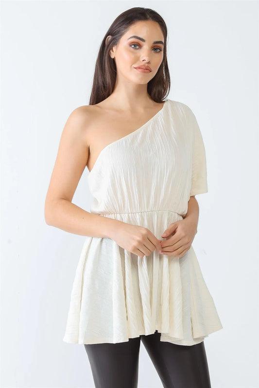 Cream Textured One Shoulder Dolman Sleeve Flare Hem Top /2-2-2 - Tasha Apparel Wholesale