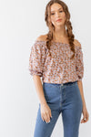 Lilac & Rust Floral Print Off-The-Shoulder Short Sleeve Ruffle Top /2-2-2