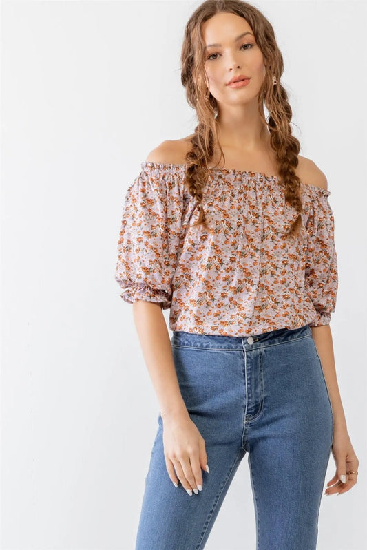 Lilac & Rust Floral Print Off-The-Shoulder Short Sleeve Ruffle Top /2-2-2 - Tasha Apparel Wholesale