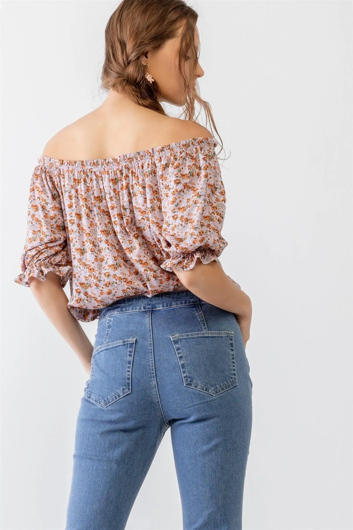 Lilac & Rust Floral Print Off-The-Shoulder Short Sleeve Ruffle Top /3-2-2 - Tasha Apparel Wholesale