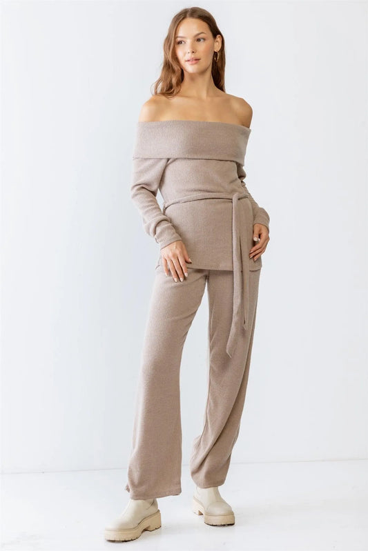 Mocha Ribbed Soft To Touch Off-The-Shoulder Belted Top & Two Pocket High Waist Pants Set S-M-L/2-2-2 - Tasha Apparel Wholesale