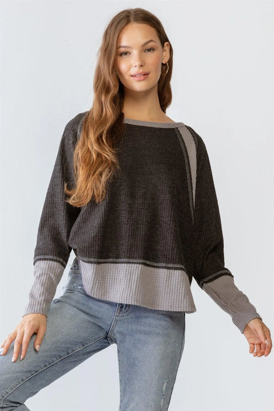 Charcoal & Grey Colorblock Waffle Knit Long Sleeve Top S-M-L/2-2-2 - Tasha Apparel Wholesale