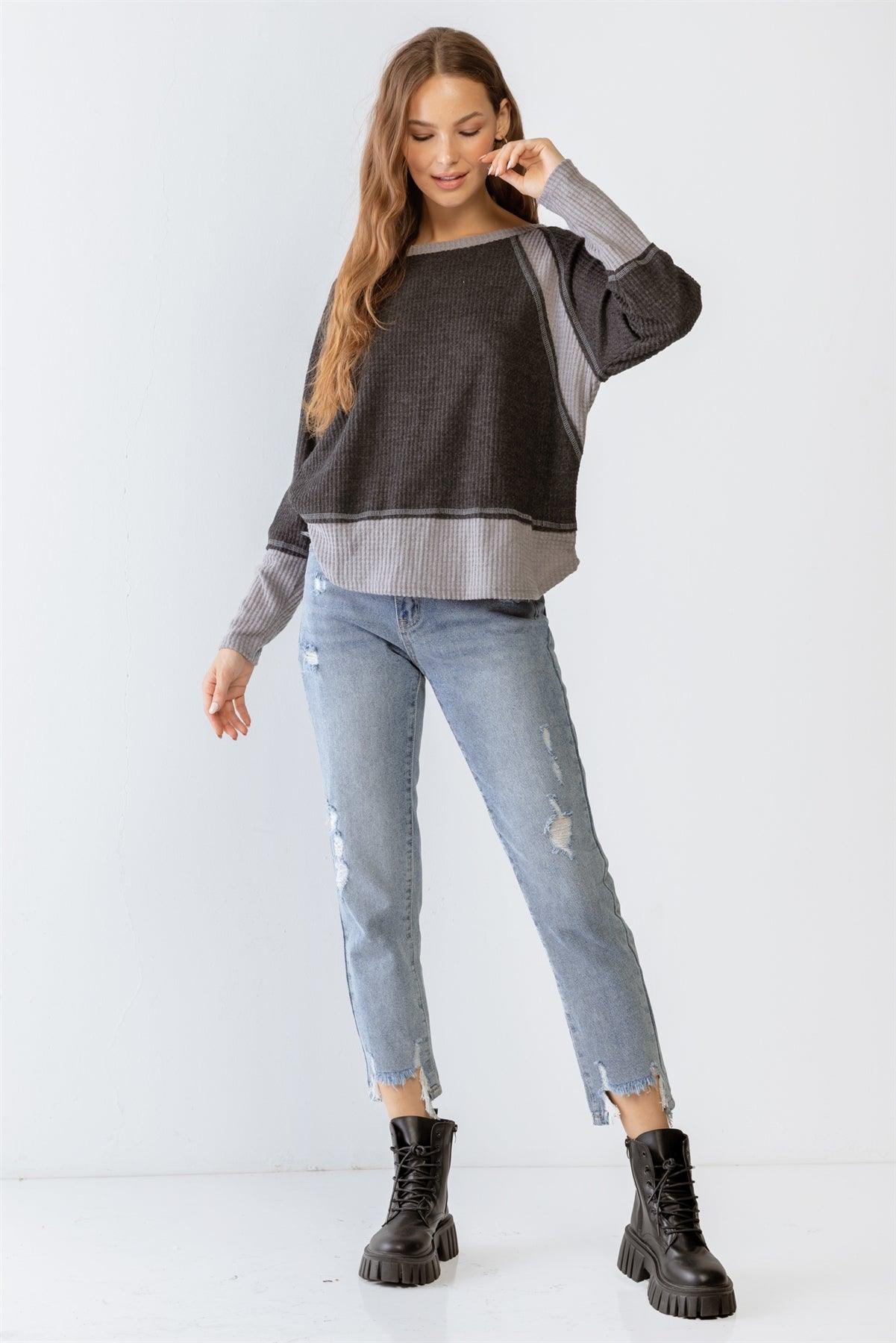 Charcoal & Grey Colorblock Waffle Knit Long Sleeve Top  S-M-L/2-2-2