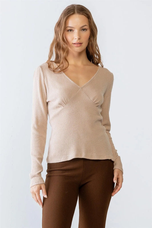 Sand Ribbed V-Neck Long Sleeve Soft To Touch Top S-M-L/2-2-2 - Tasha Apparel Wholesale
