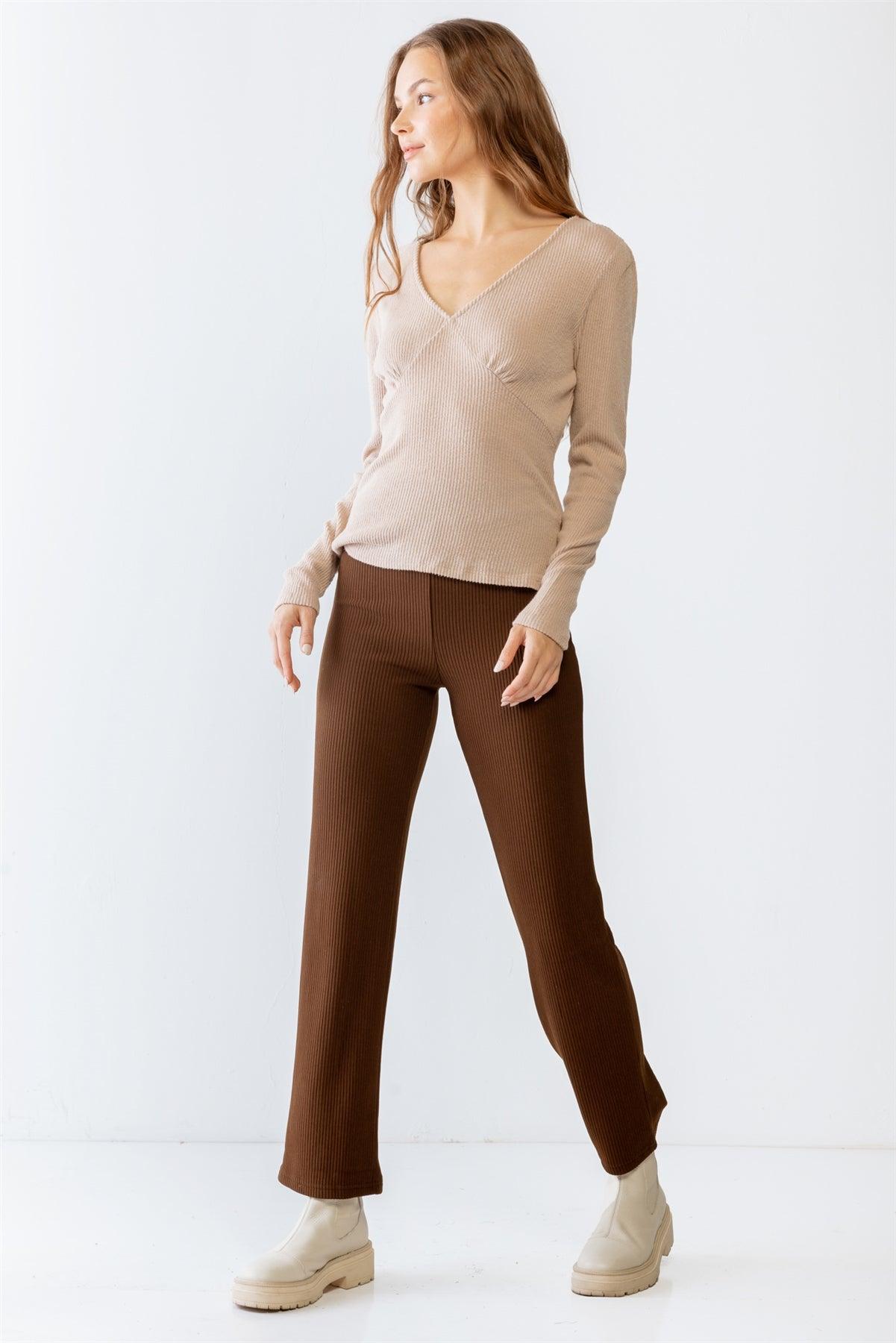 Sand Ribbed V-Neck Long Sleeve Soft To Touch Top S-M-L/2-2-2