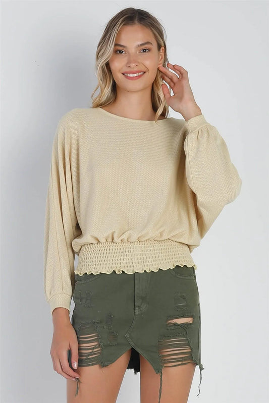 Yellow Waffle Knit Long Sleeve Smocked Hem Top /3-1-2 - Tasha Apparel Wholesale