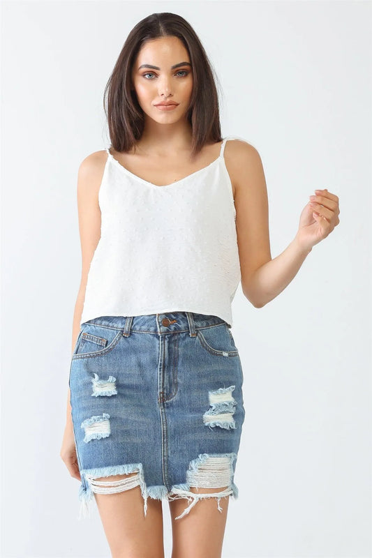 White Textured Embroidery V-Neck Strappy Crop Top - Tasha Apparel Wholesale
