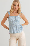 Boho Ditsy Ruffle Shoulder Strap Smocked Flare Hem Tank Top - Tasha Apparel Wholesale