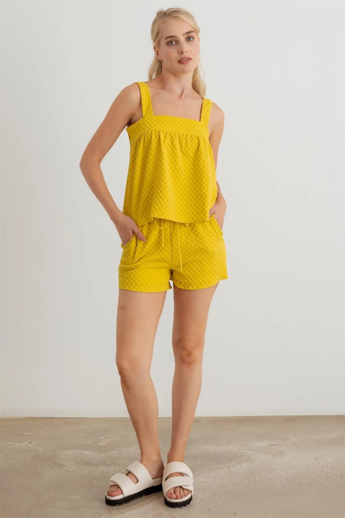 Textured Sleeveless Flare Top & High Waist Two Pocket Shorts Set - Tasha Apparel Wholesale
