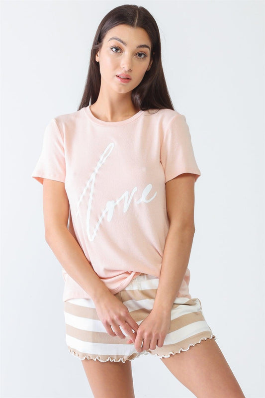 Blush "Love" Print Short Sleeve Crew Neck Top /2-2-2 - Tasha Apparel Wholesale