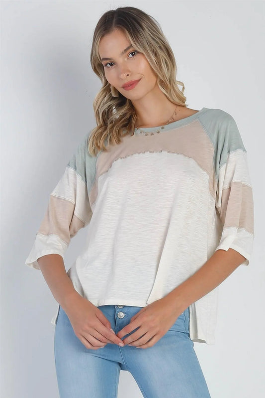 Cream Sage Color Block Round Neck Midi Sleeve Top /2-2-2 - Tasha Apparel Wholesale