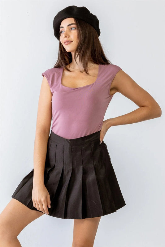 Mauve Square Neck Sleeveless Slim Fit Bodysuit /2-2-2 - Tasha Apparel Wholesale