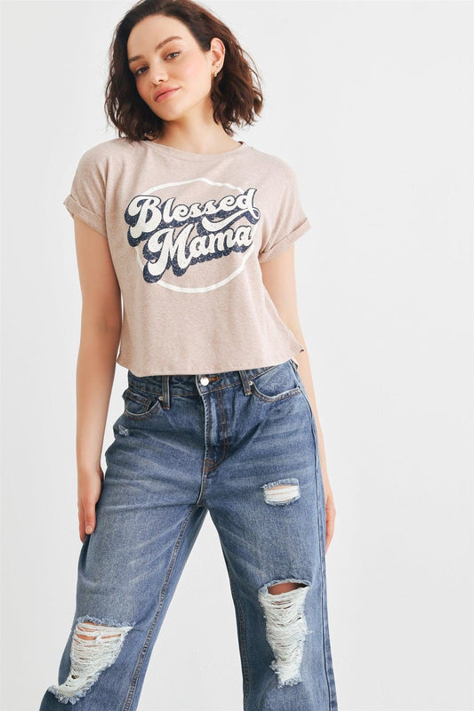 Mocha "Blessed Mama" Roll-Up Short Sleeve Crop Top /2-2-2 - Tasha Apparel Wholesale