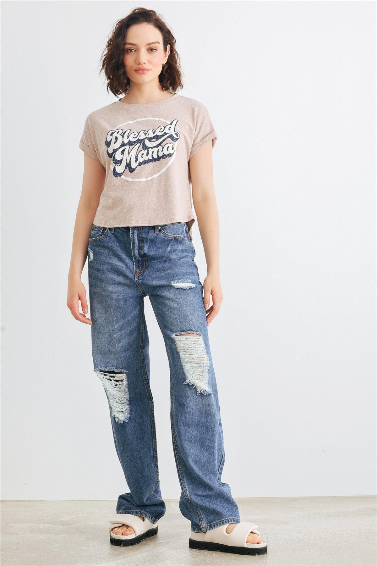 Mocha "Blessed Mama" Roll-Up Short Sleeve Crop Top /2-2-2