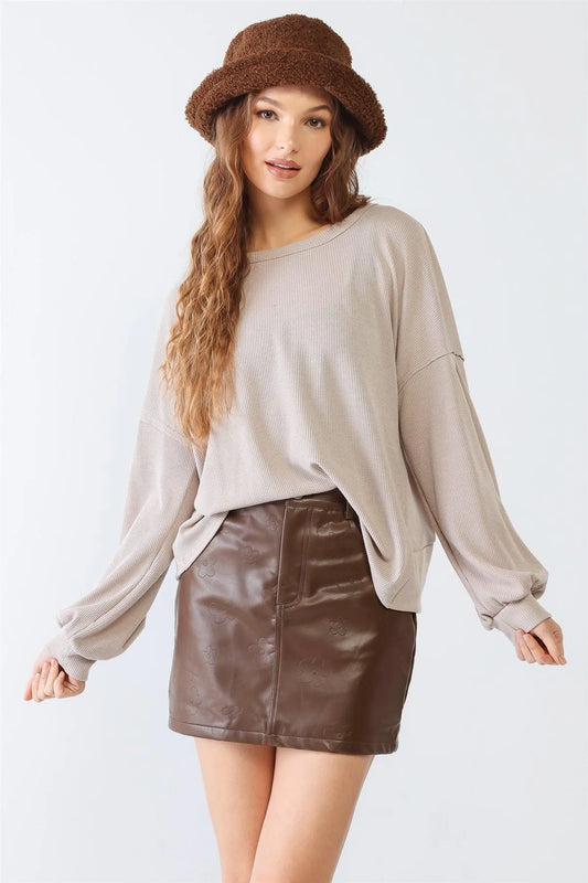 Taupe Waffle Knit Long Sleeve Back Wrap & Cut-Out Top /2-2-2 - Tasha Apparel Wholesale