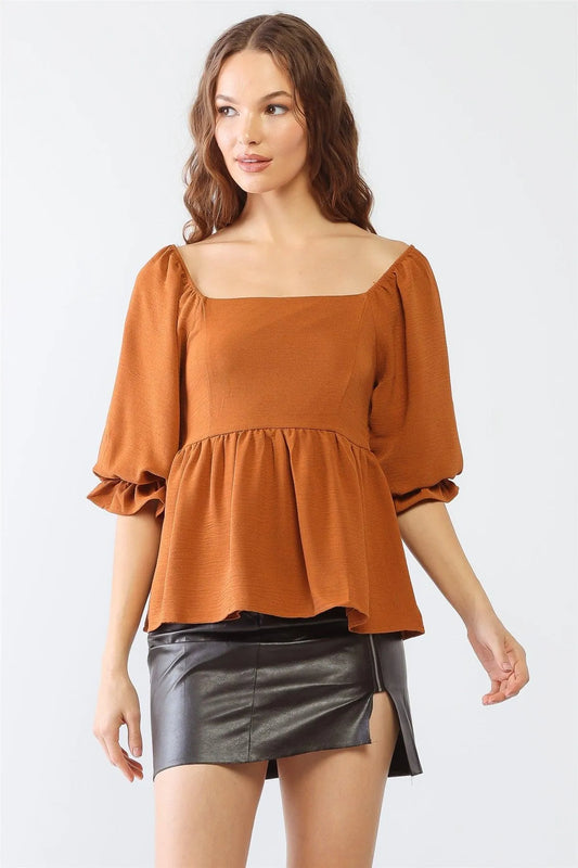 Camel Square Neck Puff Balloon Midi Sleeve Smocked Back Flare Hem Top /2-2-2 - Tasha Apparel Wholesale