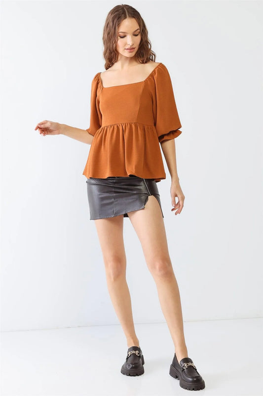 Camel Square Neck Puff Balloon Midi Sleeve Smocked Back Flare Hem Top /2-3-2 - Tasha Apparel Wholesale
