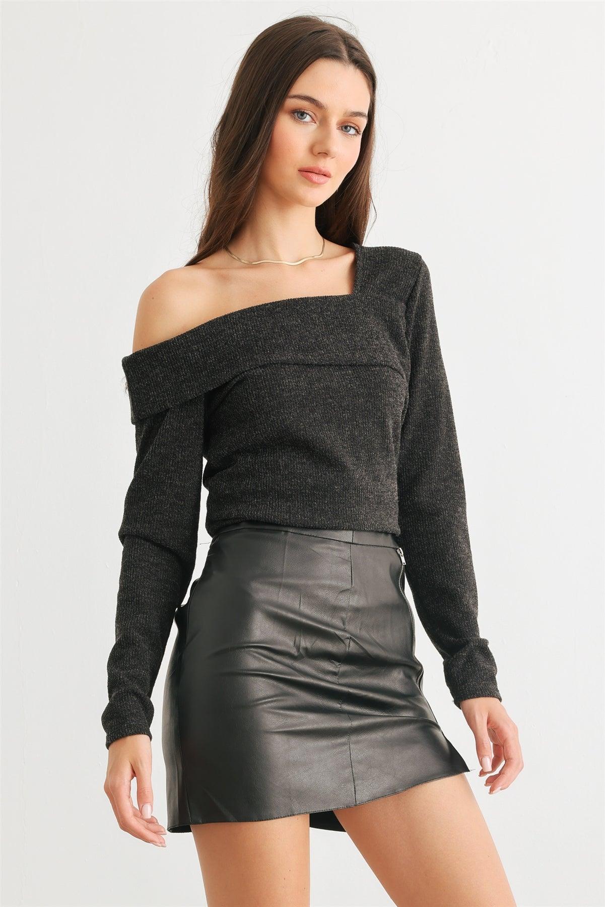 Charcoal Knit One Shoulder Long Sleeve Top /2-2-2