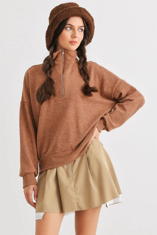 Camel Knit Zip-Up Neck Long Sleeve Top /2-2-2 - Tasha Apparel Wholesale