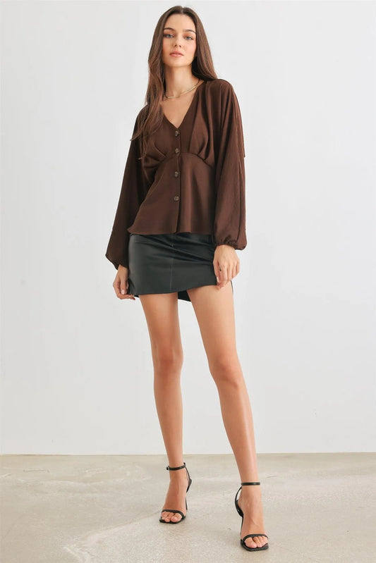 Brown Button-Up V-Neck Flare Hem Long Sleeve Top /2-2-2 - Tasha Apparel Wholesale