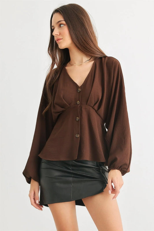 Brown Button-Up V-Neck Flare Hem Long Sleeve Top /4-2-2 - Tasha Apparel Wholesale
