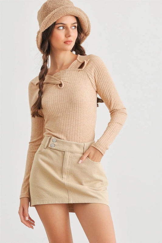 Apricot Ribbed Twist Detail Long Sleeve Bodysuit /2-2-2 - Tasha Apparel Wholesale