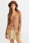 Camel Ribbed Button-Up Collared Neck Long Sleeve Top /2-2-2