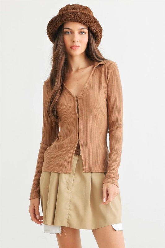 Camel Ribbed Button-Up Collared Neck Long Sleeve Top /2-2-2 - Tasha Apparel Wholesale