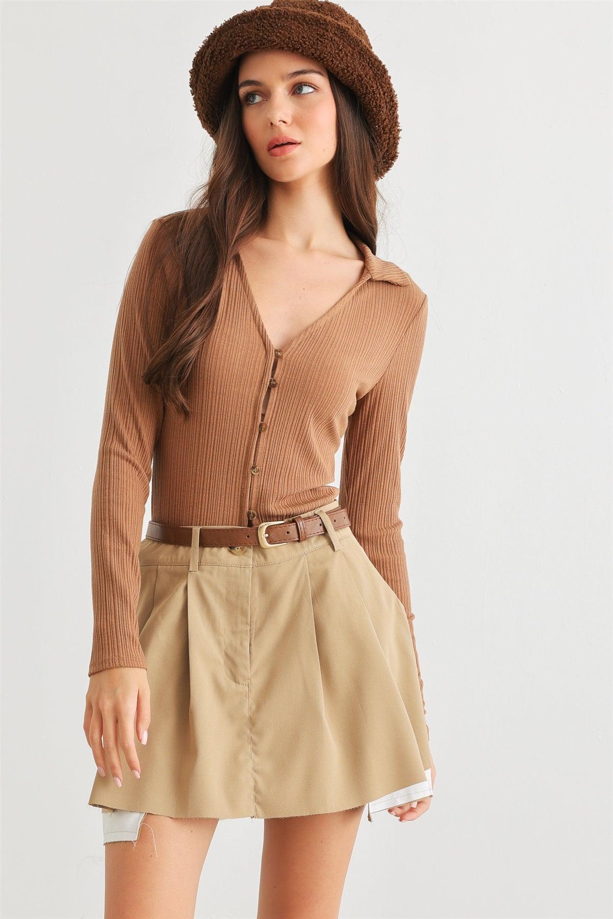 Camel Ribbed Button-Up Collared Neck Long Sleeve Top /2-2-2