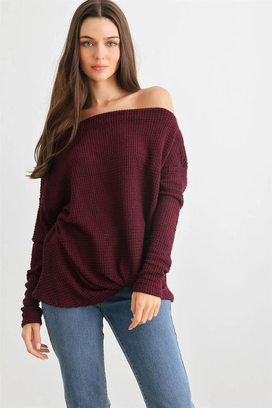 Burgundy Waffle Knit Off-The-Shoulder Twist Hem Top /2-2-2 - Tasha Apparel Wholesale