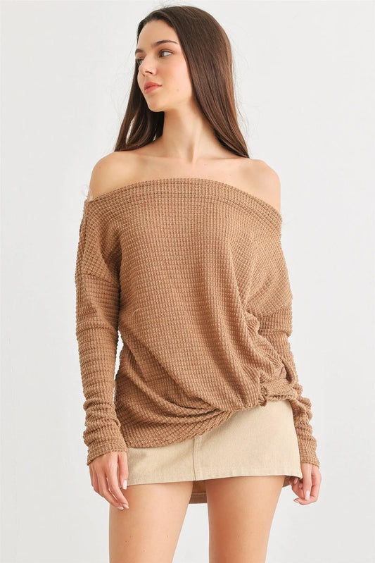 Copper Waffle Knit Off-The-Shoulder Twist Hem Top /2-2-2 - Tasha Apparel Wholesale