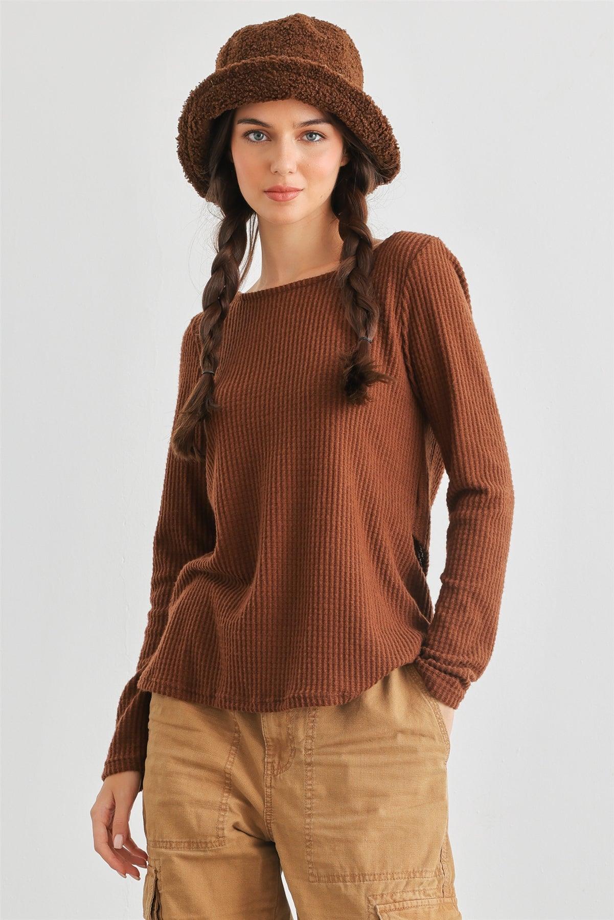 Brown Waffle Knit Long Sleeve Wrap & Tie Back Top /2-2-2