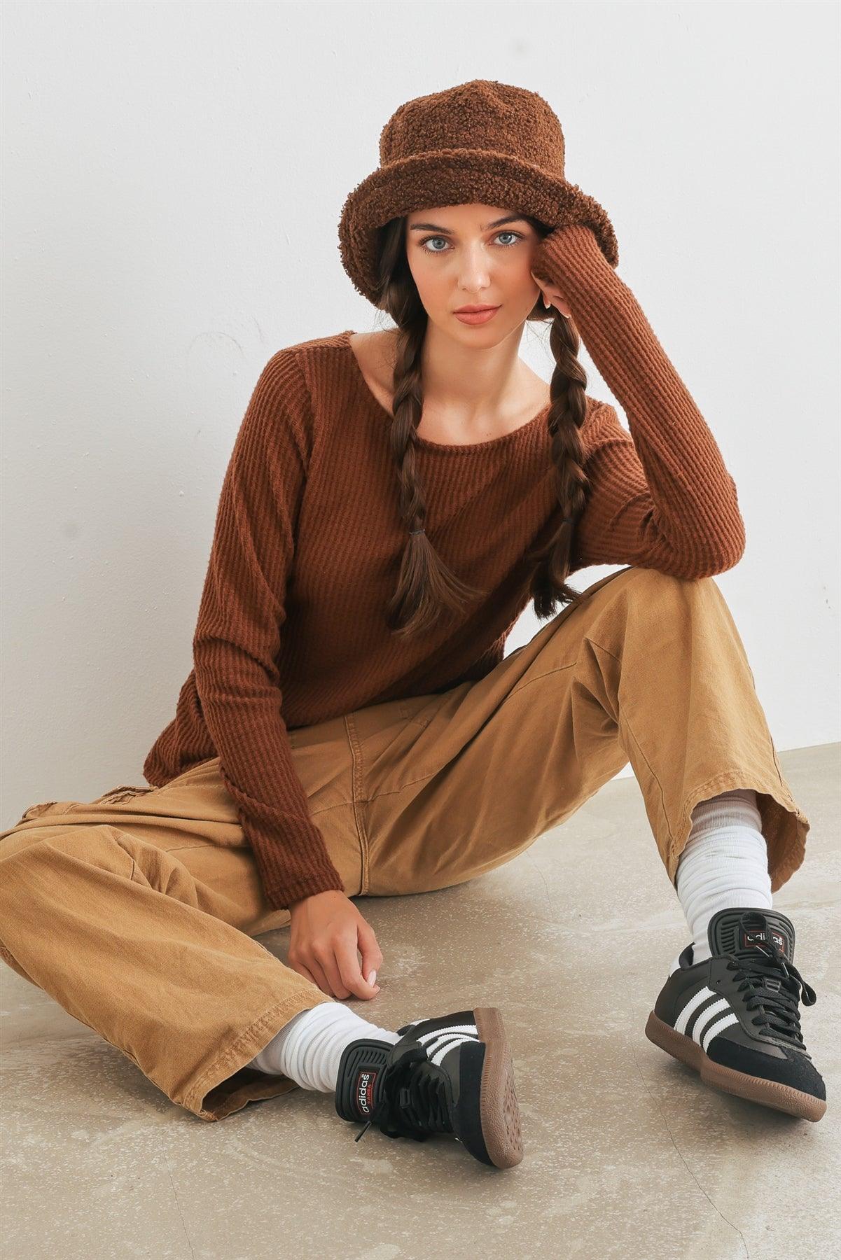 Brown Waffle Knit Long Sleeve Wrap & Tie Back Top /2-2-2